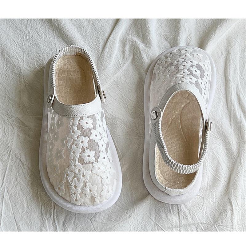 Summer Two Way Open Toe Lace Breathable Soft Flat Shoes Casual Versatile Hollow Design Comfort Sandals