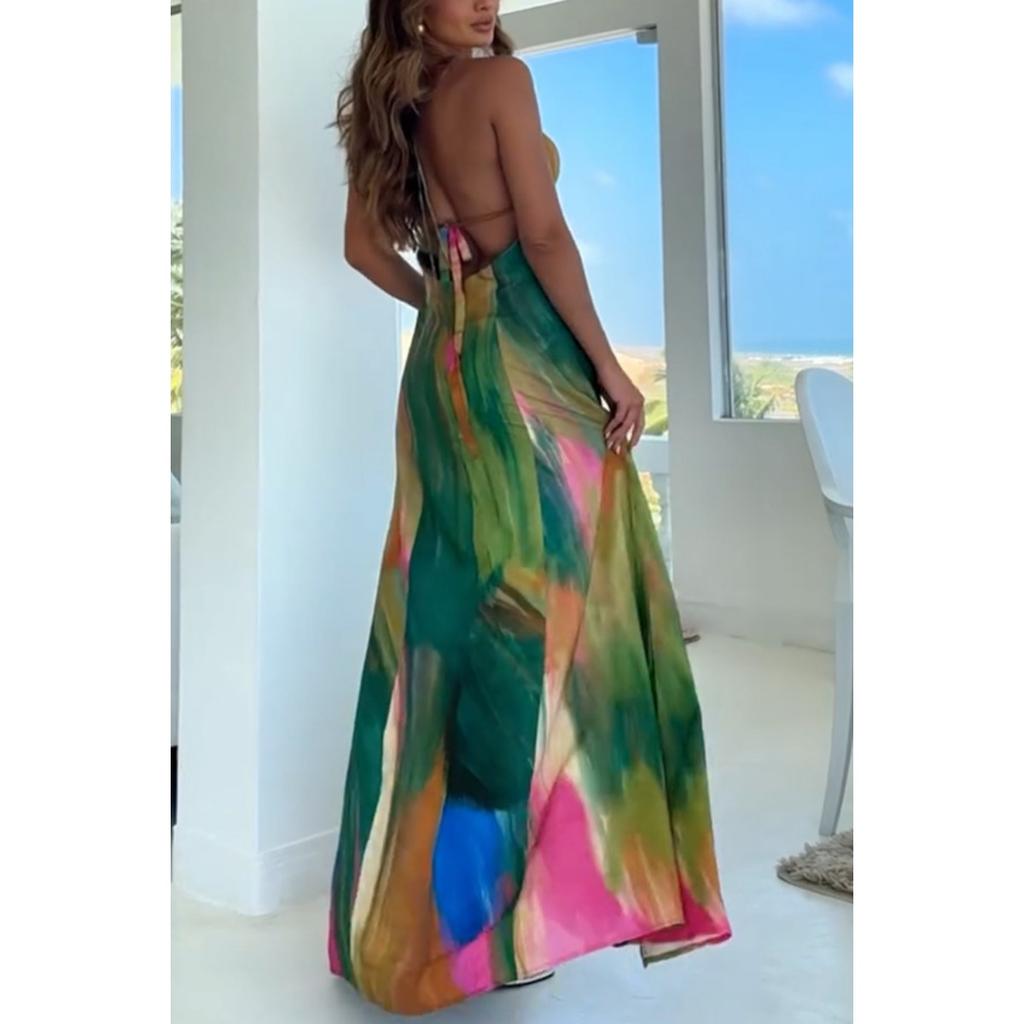 Women's  Summer Sexy Printed Spaghetti Strap Lace Trim Backless Cutout Waist Sleeveless Dress