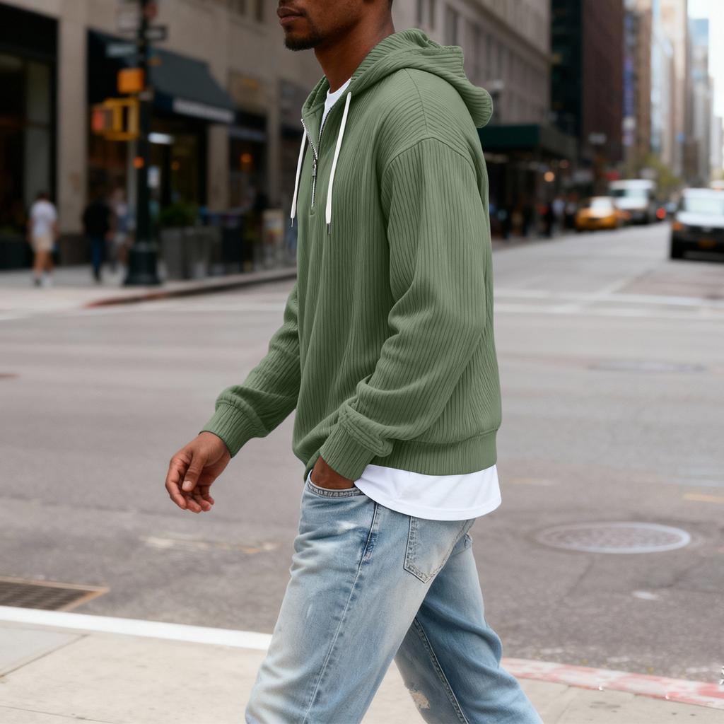 Sudadera con capucha de manga larga con cremallera para hombre, color sólido casual, camiseta de manga larga casual con cremallera para el día a día