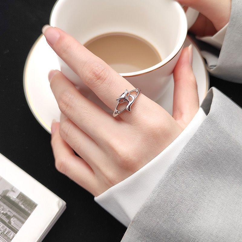 925 Sterling Silver Plated Korean Style Fox Ring - Women's Elegant, Personalized Hollow Design