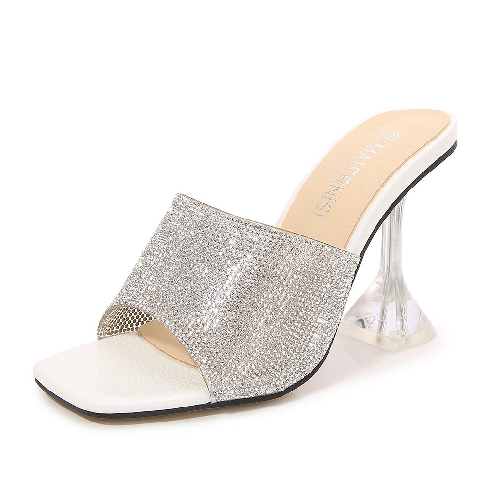 The new rhinestone fish mouth square head open-toed fairy wears crystal and mink cool slippers