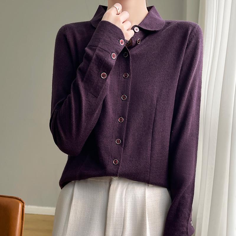 2025 Early Autumn Merino Wool Polo Collar Knit Cardigan, Long Sleeve Solid Color, Loose Fit Versatile Shirt
