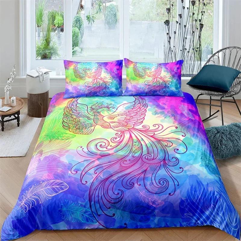 Colorful Phoenix Duvet Cover Set Cartoon Birds Bedding Set Full King Size Microfiber Flame Wings Comforter Cover For Boys Girls