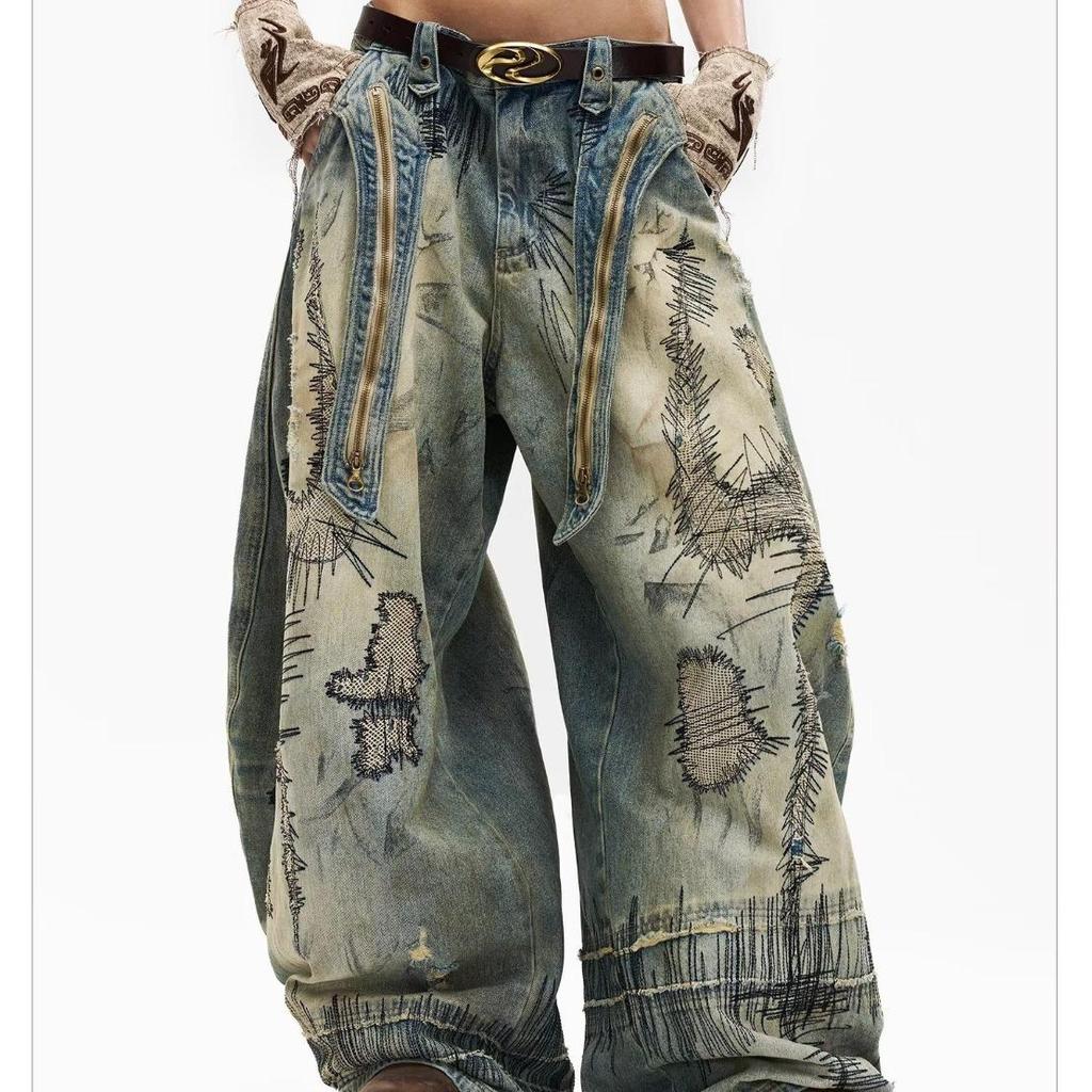 Jeans larghi a gamba larga stile Wasteland taglie forti ricamati