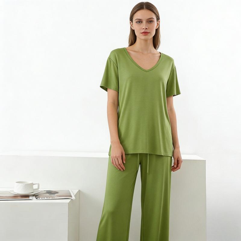 Modal Homewear 2pcs Pajamas Set Short Sleeve Tops and Trousers Solid Color Casual Loose Sleepwear Suit Plus Size Nightwear
