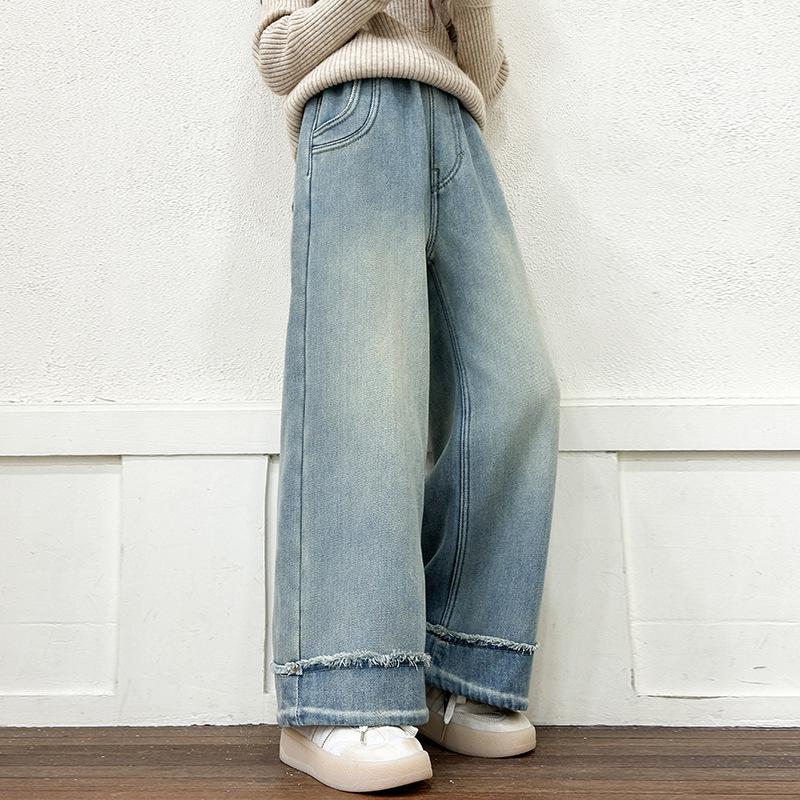 Girls' Jean Denim Wide Leg Pants for Spring and Autumn Fashionable Korean Loose Straight Leg Pants