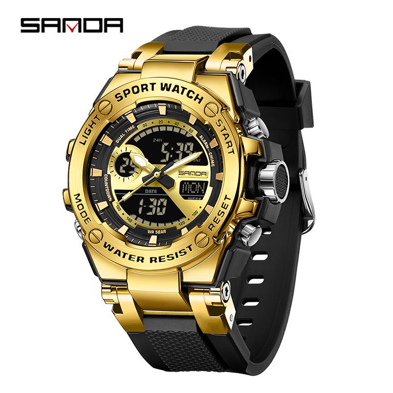Sanda Dual-Display Leuchtende Wasserdichte Schüleruhr mit 3 Zeitzonen.