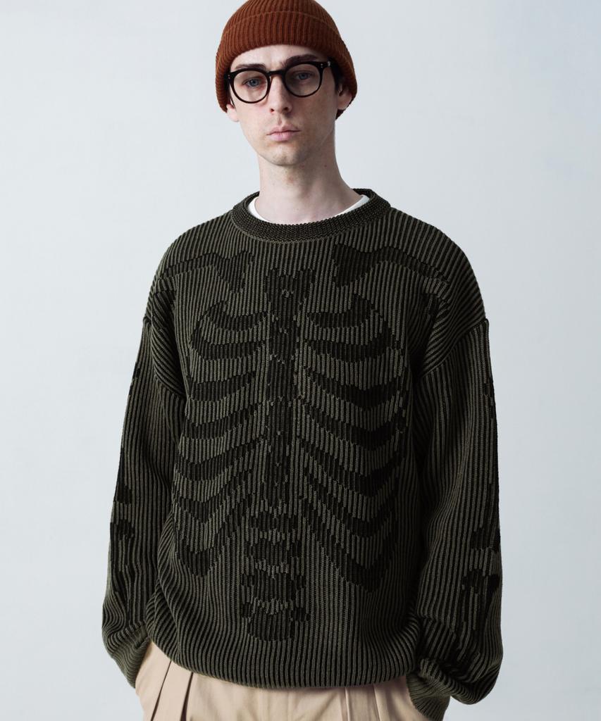 STAGE NAME Two-Tone Skeleton Bones Round Neck Oversized Knit_Khaki
