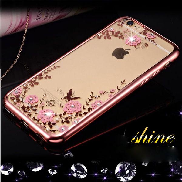 Rose Gold Plating Frame Clear Soft TPU Back Cover Bling Diamond Flower Case For iPhone/Samsung