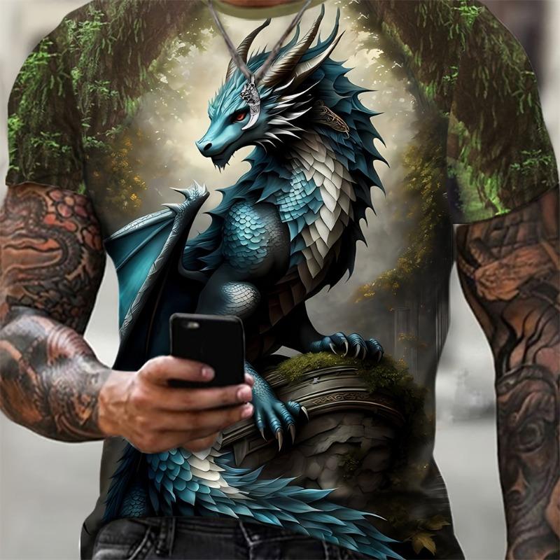 3D Digital Animation Style Roaring Dragon Pattern Round Neck Short Sleeve T Shirt Fashion Cool Men's Summer Streetwear Tops