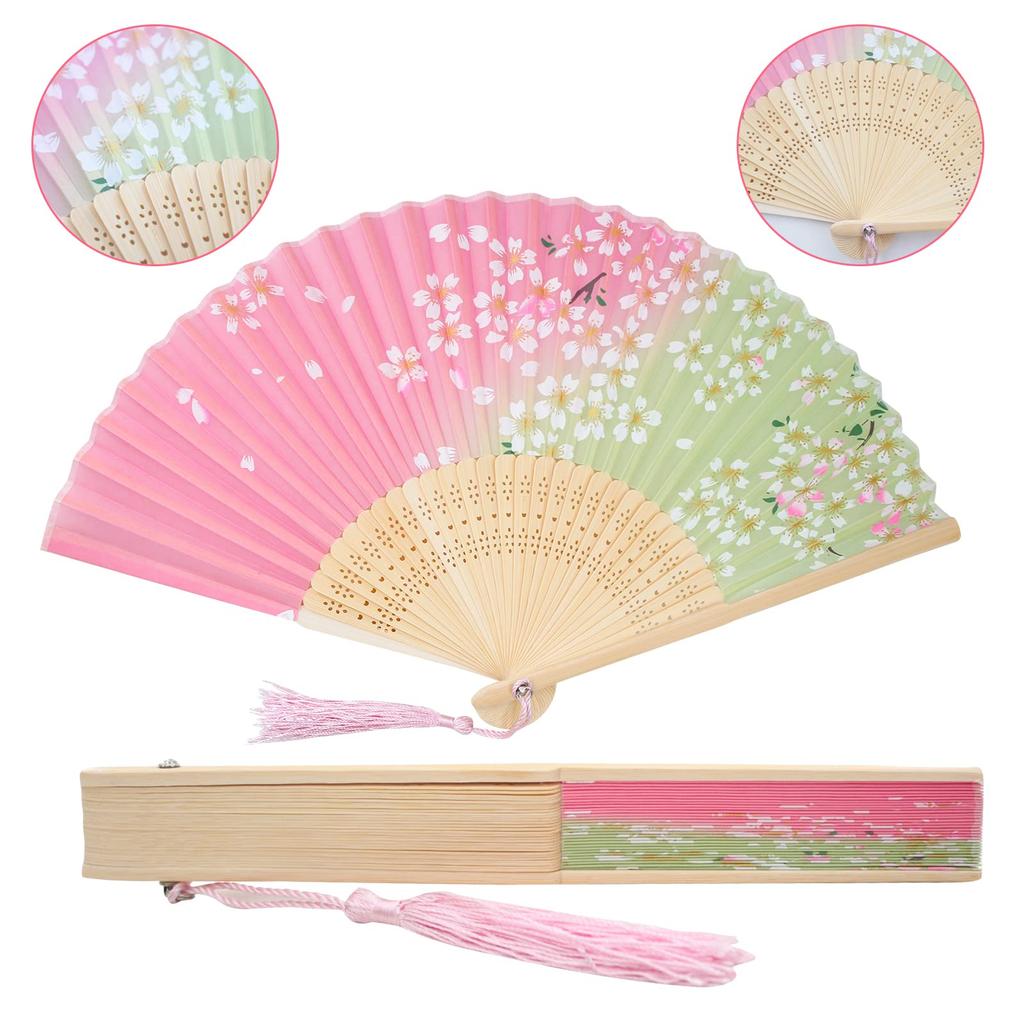 [boshiho] Stylish Japanese-style bamboo fan for men and women, made of silk, featuring beautiful floral, butterfly, and cherry blossom patterns.