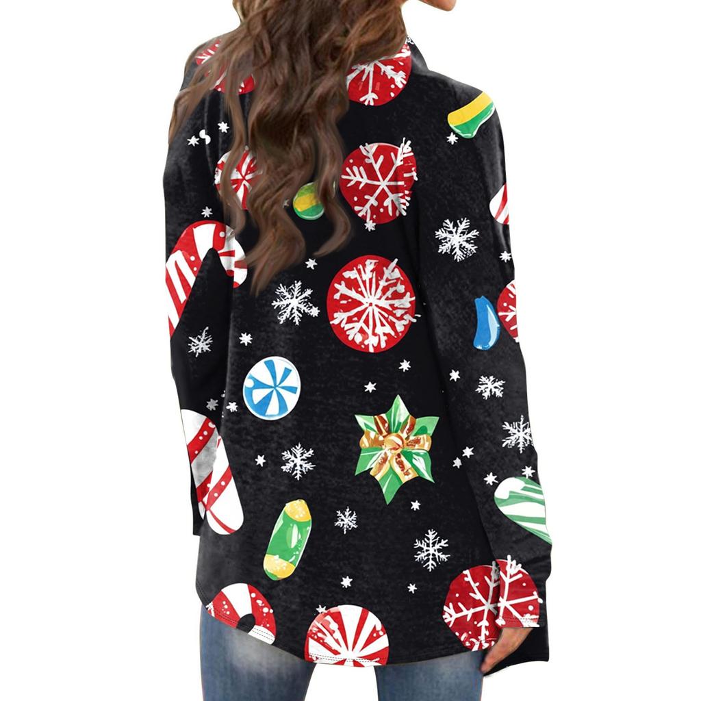 Women's Fashion Casual Christmas Print Medium Length Cardigan Jacket Coat