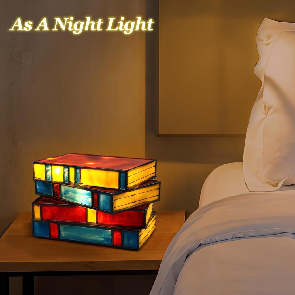 Omaky Stained Resin Stacked Books Lamp, Stacked Books Resin Lamp, Handcrafted Resin Nightstand Desk Book Lamps, Reading Nook Lighting Vintage Table