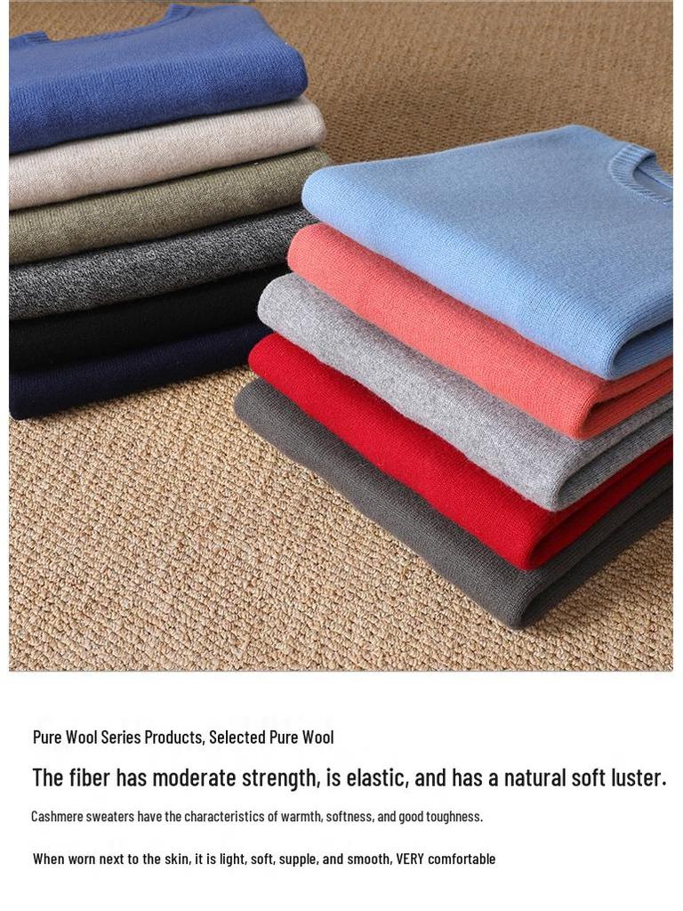 Men's Pure Wool Thickened Winter Pullover - Color Block Round Neck Cashmere Sweater