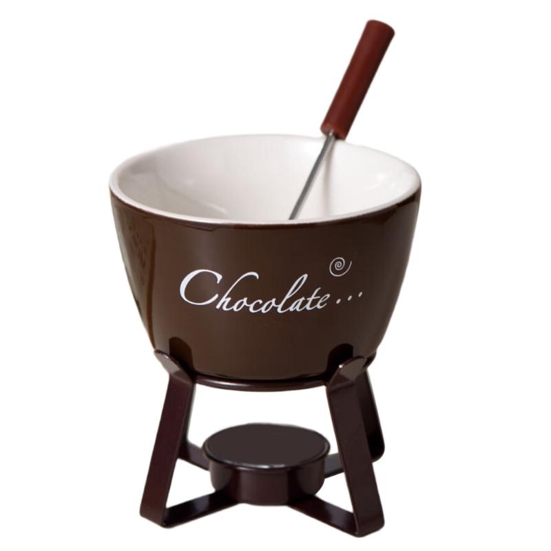 

Fondue Pots Set with Fork Ceramic Butter Warmers Set Tealight Porcelain Melting Pots for Chocolate Cheese Caramel Candy коричневий