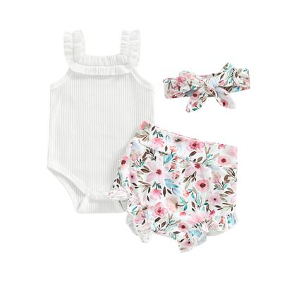 Shorts-Set für Baby-Mädchen, ärmelloser Strampler + Shorts mit Blumen-/Regenbogen-/Schmetterlings-Print + Haarband