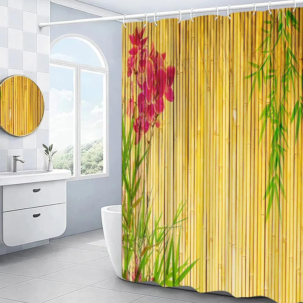 3D Bamboo Shower Curtain Set Wood Grain Pattern Flowers Lotus Painting Bathroom Decor Polyester Fabric Bath Screens Cortina Baño