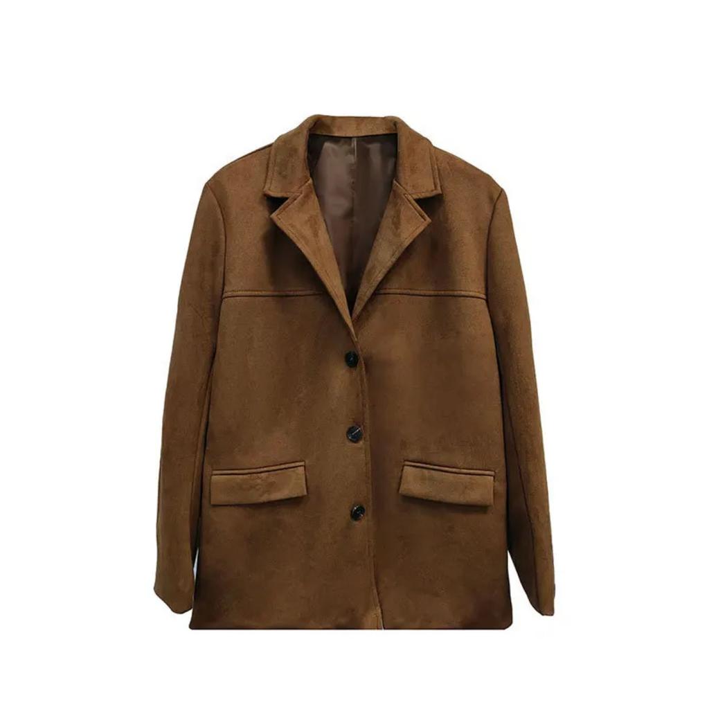 Women New Single Breasted Casual Office Lady Solid Color Collar Jacket Long Sleeve Brown Coat Loose Top