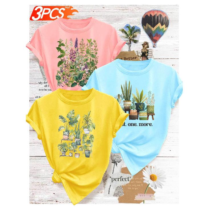 3 Elegant outfits for a girls  gathering T T-shirt with green plant and potted plant print, fresh forest style top, youthful and casual, versatile, 1XL