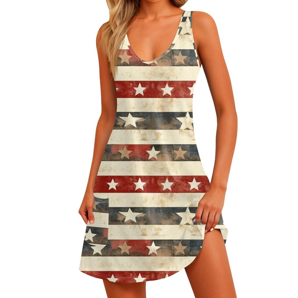 Women's Casual Print Sundress With Pockets Summer Boho Beach Dress T-Shirts Dress V Neck Loose Tank Dresses