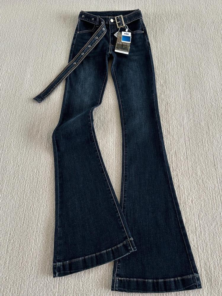 Women's Retro Dark Blue Micro Flare Jeans - Low Rise, Plus Velvet, Elastic Slimming, Bell Bottoms for Autumn/Winter.