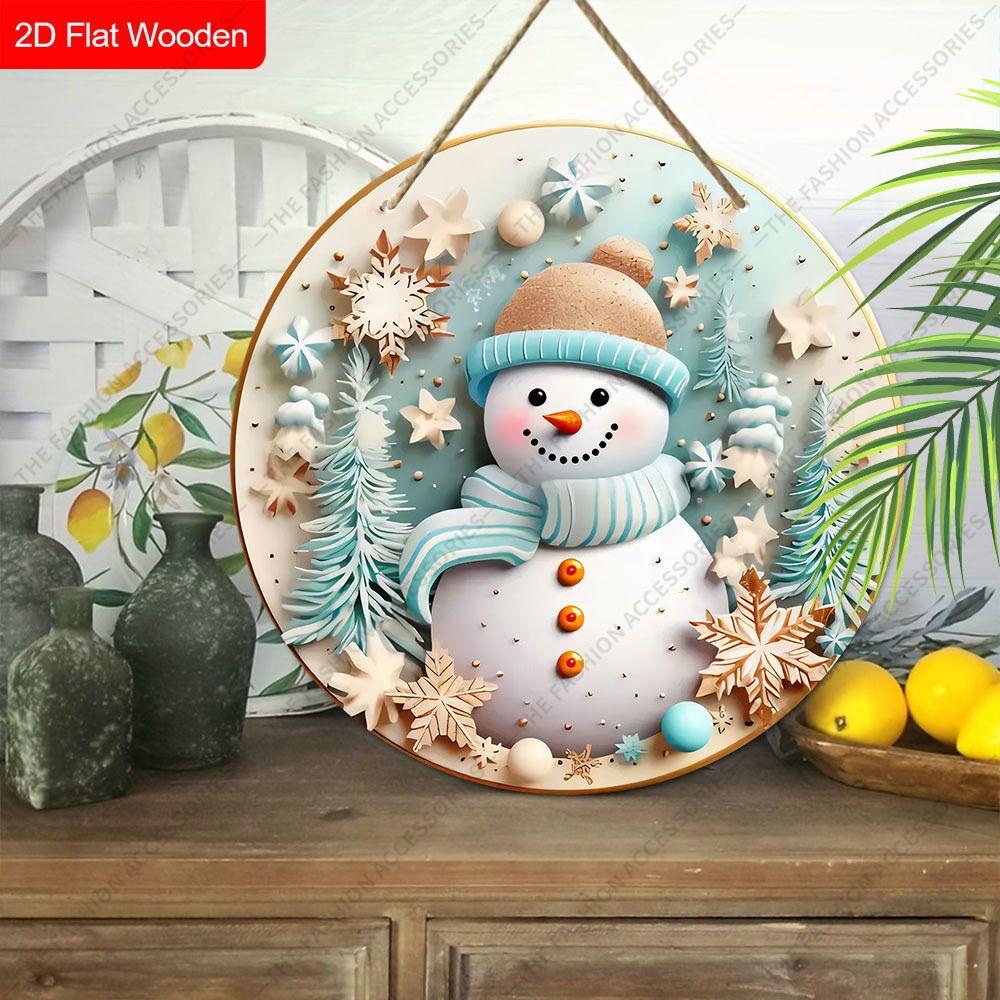 Blue Striped Snowman Snowflake Round Wooden Hanging Sign, 2D Flat Printed Christmas Wall Door Ornament, Winter Xmas Home Decor Gift
