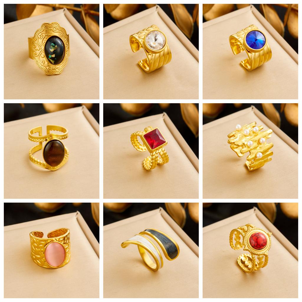 DIEYURO 316L Stainless Steel Colored Zircon Pearl Geometric Round Opening Adjustable Ring Women New Luxury Concise Ring Jewelry
