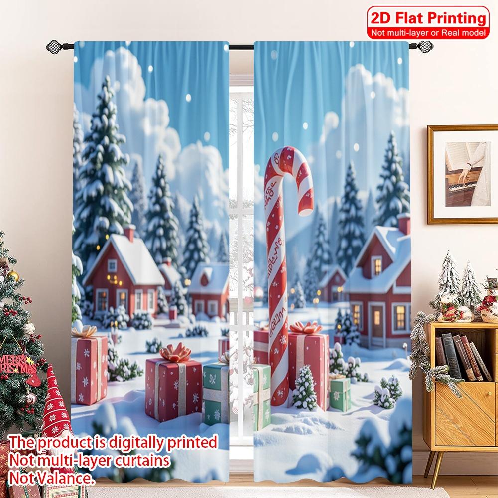 2pcs 2D Flat Printing Merry Christmas Popular Window Curtains North Pole Christmas Village Gifts Polyester Without Electricity