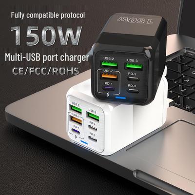 150W lader med flere porter: 3 USB + 3 PD-porter, 6-i-1 Mobil Ladeadapter, 5V/3A
