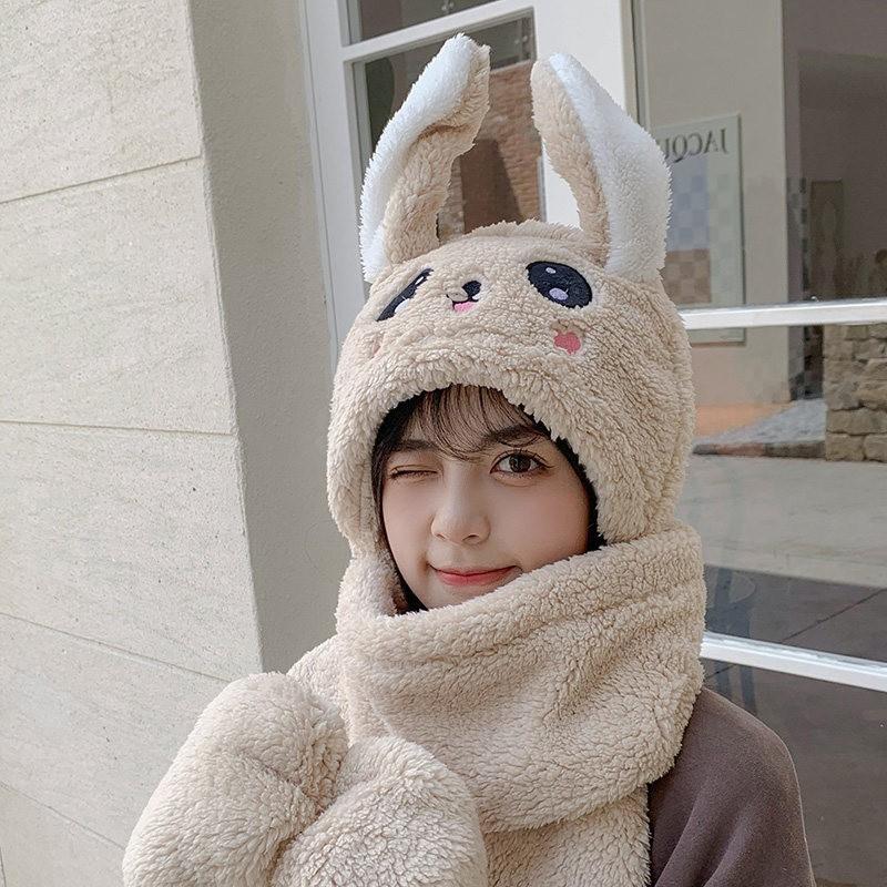 Warm Knitted Rabbit Ear Hat With Scarf Kids Women Winter Outdoor Wear Soft Fleece Lined Adjustable Hooded Beanie