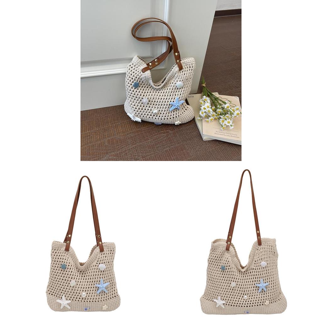 Handwoven Straw Tote Bag With Starfish And Shell Decor For Beach Summer Travel Womens Fashion