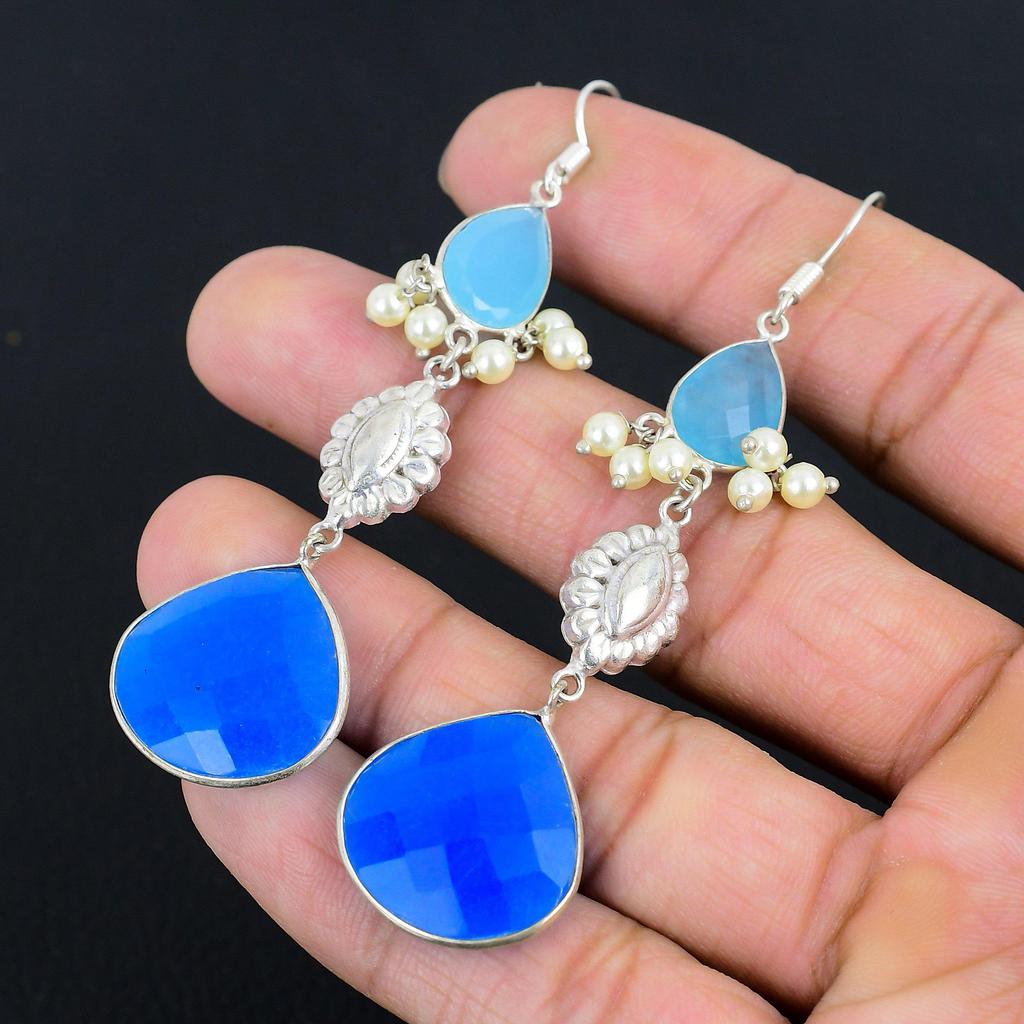 925 Sterling Silver Pear Blue Sapphire Stone Hook Drop Dangle Earrings Jewelry