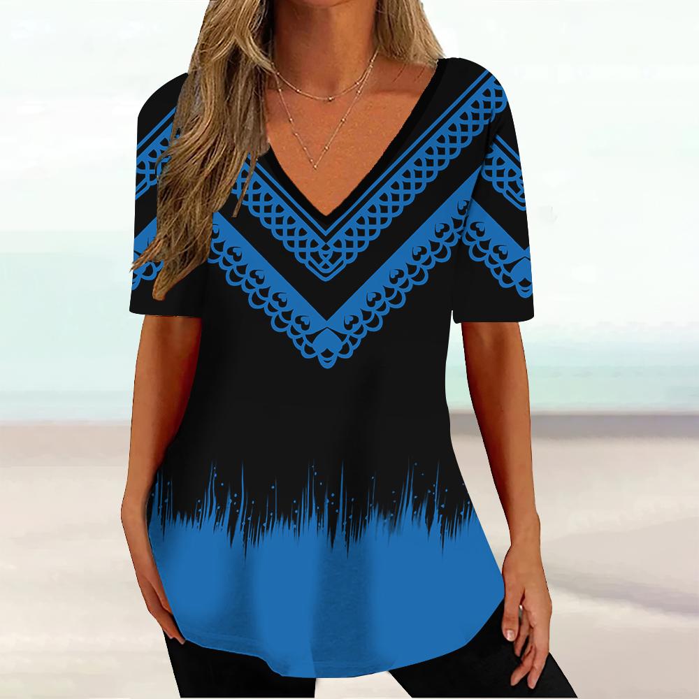 Summer V-neck 3D Geometric Striped Printed Top Fashionable Casual Short Sleeved Women's T-shirts