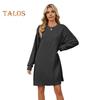 Herbst Frühling Kleid Faden Einfarbig Lose Brust Tasche Lange Ärmel O Hals Pullover Knie Länge Pendeln Dating Midi Kleid
