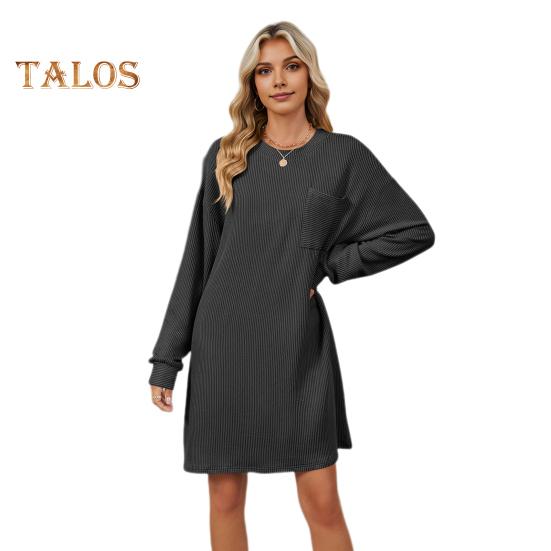Herbst Frühling Kleid Faden Einfarbig Lose Brust Tasche Lange Ärmel O Hals Pullover Knie Länge Pendeln Dating Midi Kleid