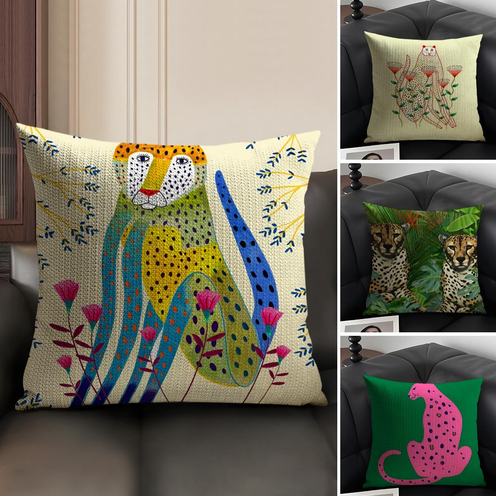 Geometric Animal Leopard Cushion Cover Natural Linen Organic Fabric DoubleSided Printing Sofa Home Decor Gift Pillow Case