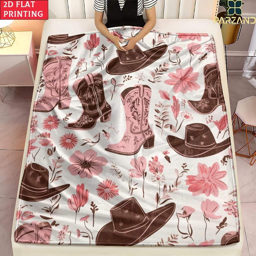 Pink Cowboy Boots Hat Floral Flannel Throw Blanket Western Country Wildflower Decor Sofa Blanket