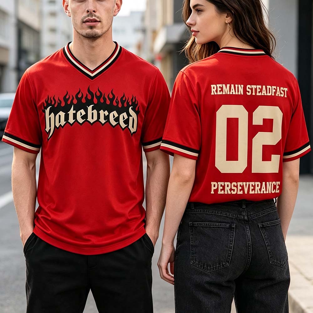 Hatebreed Fußballtrikot BLEIBE STANDHAFT 02 DURCHHALTEVERMÖGEN Buchstabe T-Shirt Kurzarm V-Ausschnitt Herren T-Shirt Unisex Shirt L red