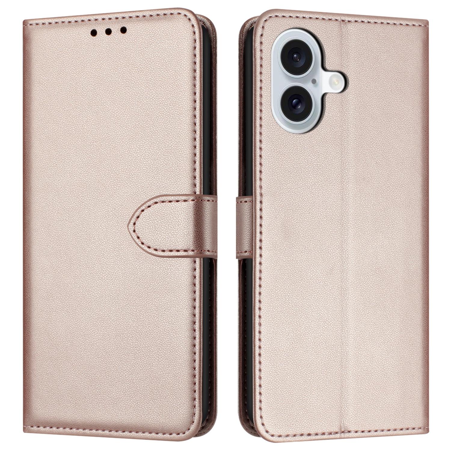 

For iPhone 16 Plus Wallet Phone Case Leather Stand Cover with Strap Rose Gold