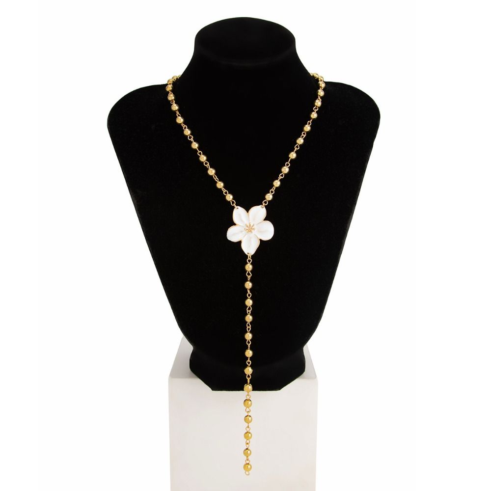 Gold Y-shaped Necklace Metal Beads Clavicle Chain Retro Flower Necklace  Gift