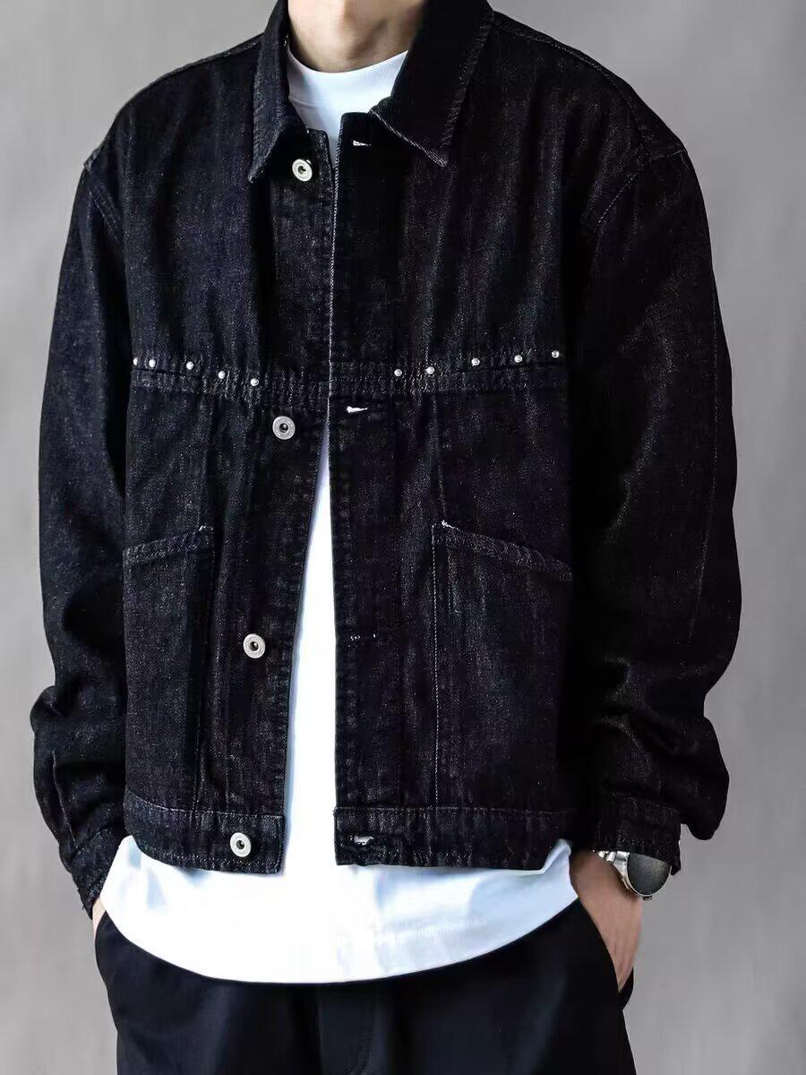 Men s Retro Distressed Rivet Workwear Jacket, Washed Lapel, Spring/Autumn Style, Casual Wear for Couples Extra Large