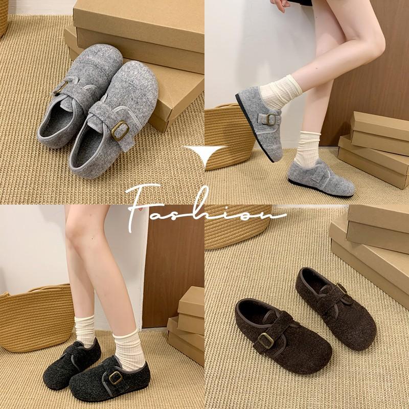 Gray Fluffy Shoes for Women To Wear In Winter, New Korean Version of Woolen Single Shoes for Women, Flat-soled Doudou Shoes, Velvet Thermal Cotton Sh