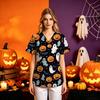 Women's Halloween Printed V-Neck Short Sleeve Scrub Top with Pockets Loose Fit