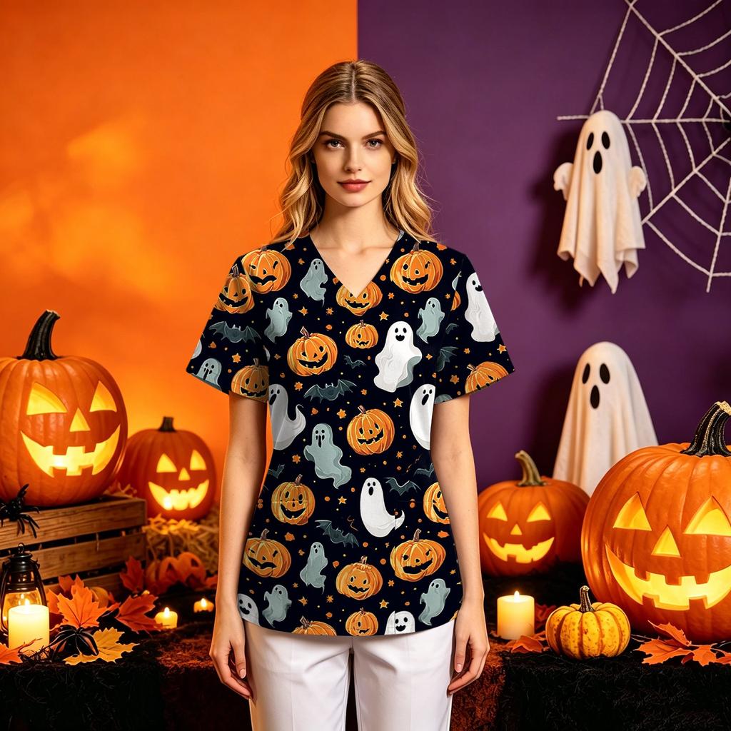 Women's Halloween Printed V-Neck Short Sleeve Scrub Top with Pockets Loose Fit
