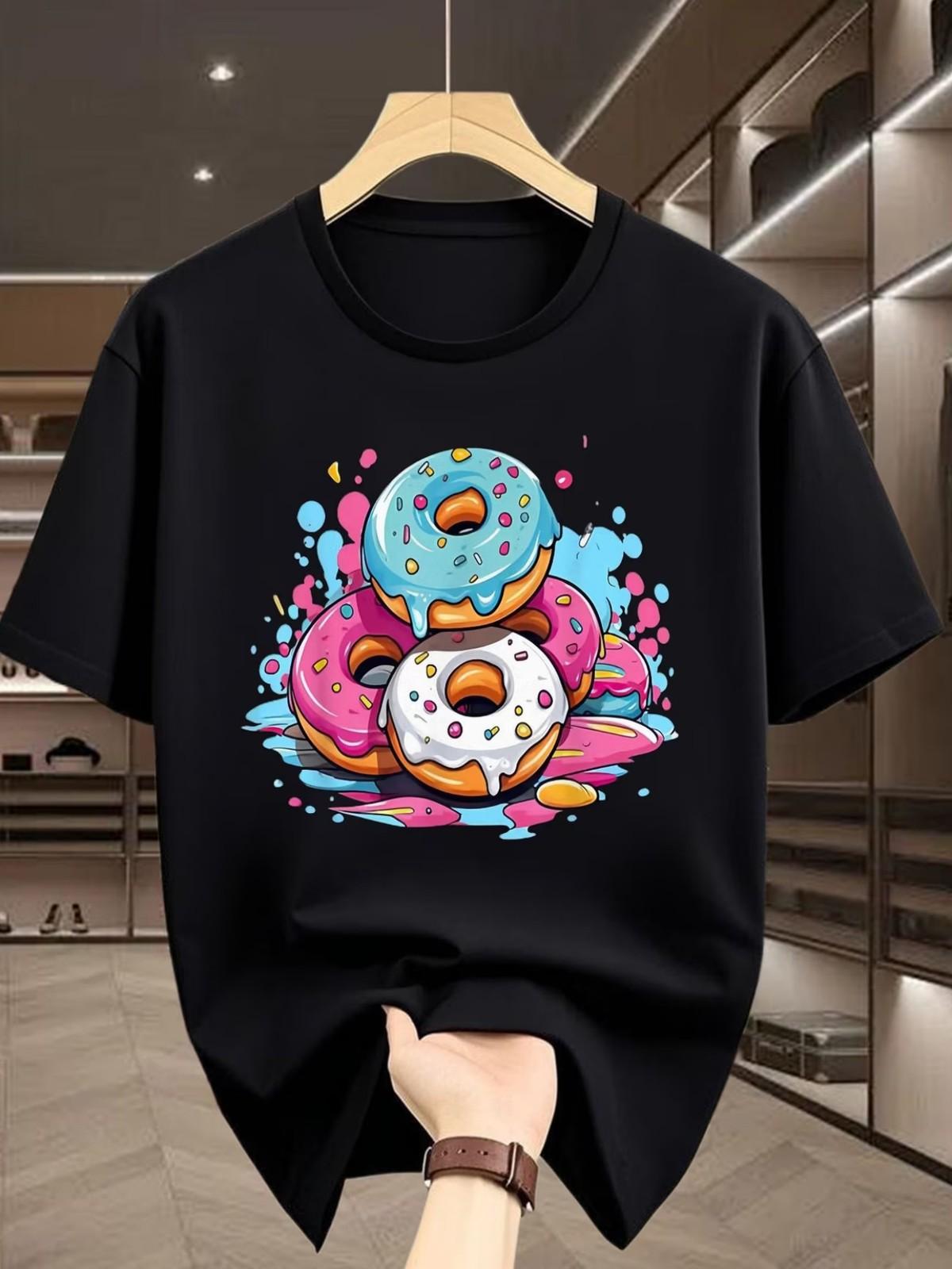Men S T-Shirt with Colorful Donut Print, Featuring Blue And Pink Paint Splashes XXL