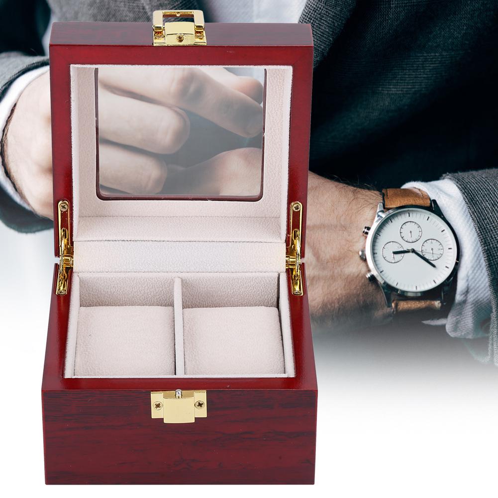 Wooden 2 Grid Watch Display Box Transparent Window Watch Storage Box (Red)