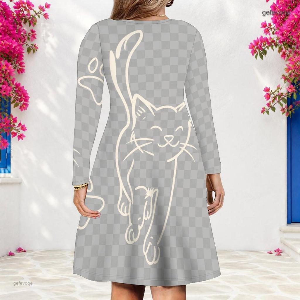Women Plus Size V Neck Long Sleeve Cat Printed Grey Checkerboard A Line Dress