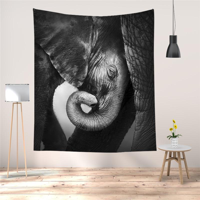 Black and White Elephant Print Pattern Tapestry Bohemian Style Wall Hanging Mandala Polyester Living Room Decoration Tapestry