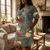 Summer Plus Size V Neck Short Sleeve Knee Pocket Print Casual Dress For Women