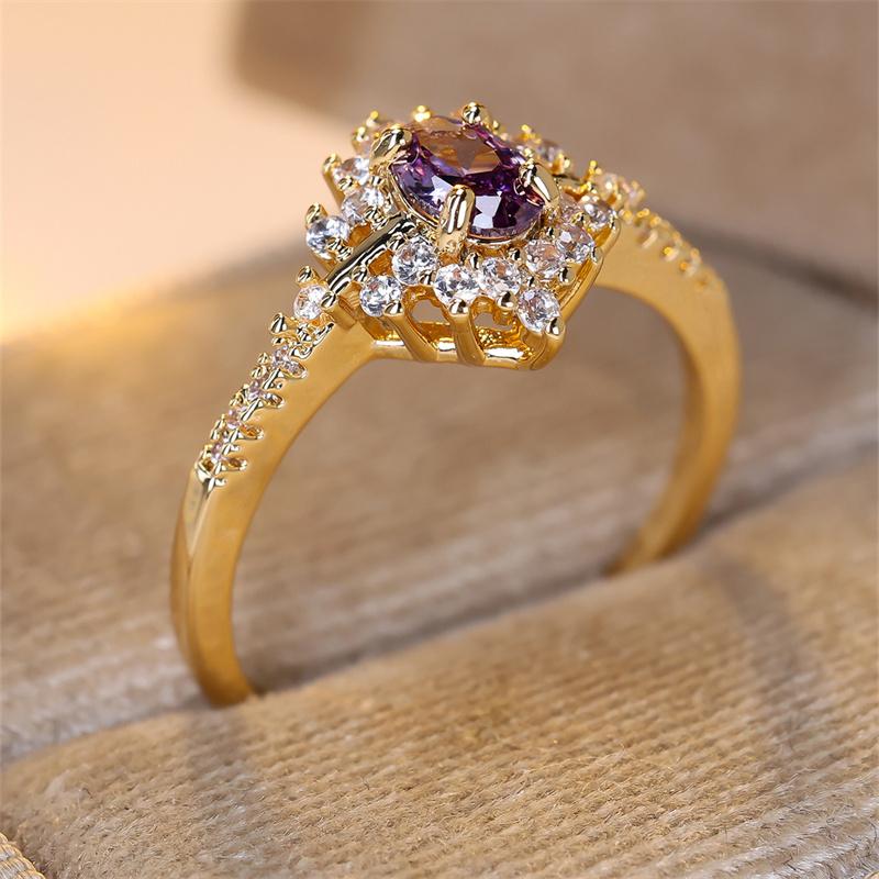 1 Buc Inel Floral cu Piatră Violetă Tăietură Ovală Culoare Aurie Verighetă Bijuterii pentru Ziua Îndrăgostiților